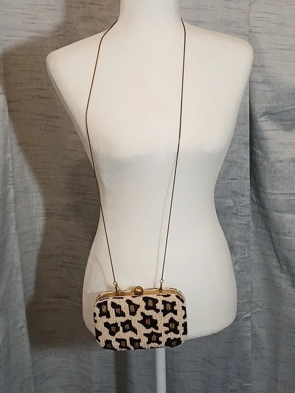 Beaded Leopard-Print Clutch in Black and Cream with Gold Accent - Picture 3 of 5